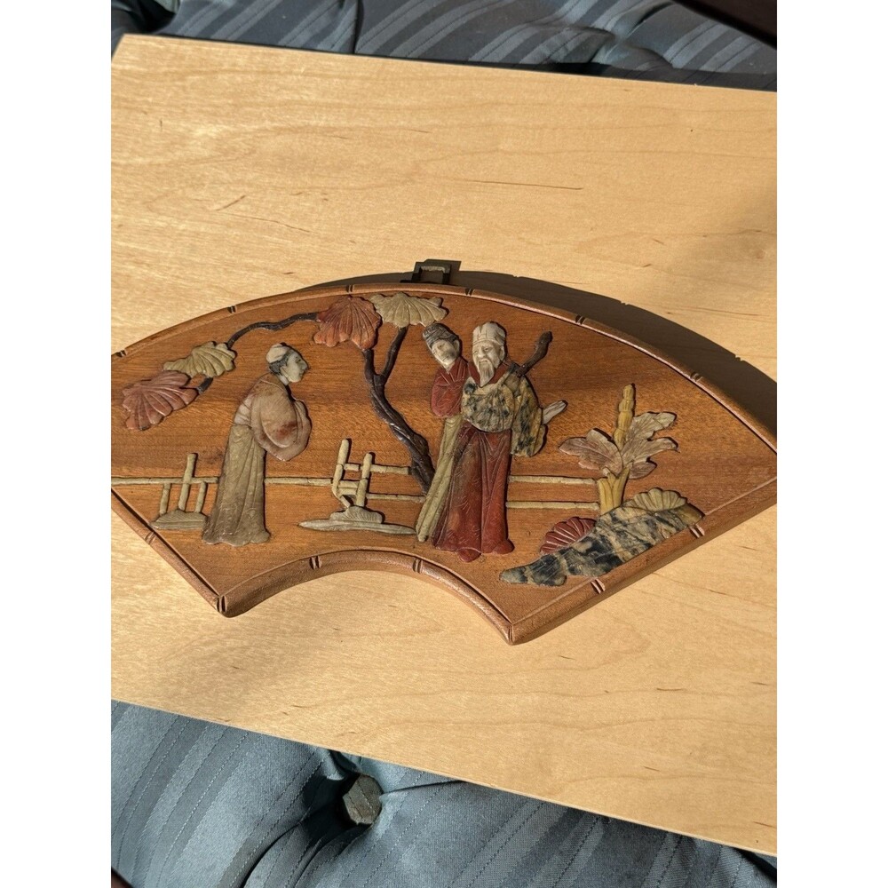 Antique Chinese Fan-Shaped WoodPlaque with Inlaid Jade Figures